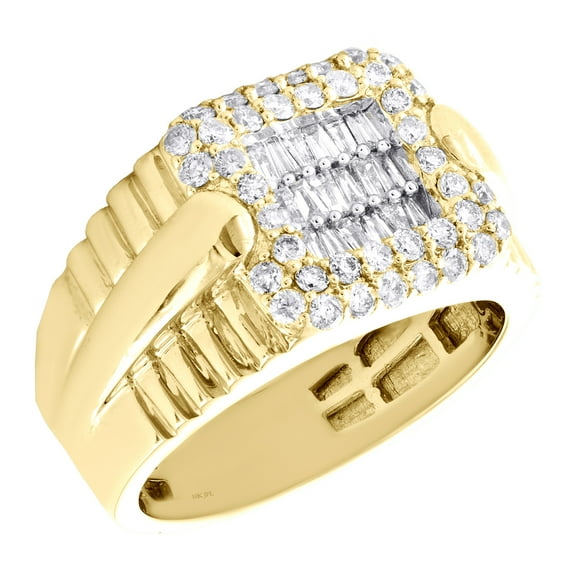 10K Yellow Gold Round & Baguette Diamond Square Statement Pinky Ring 1.25 CT.