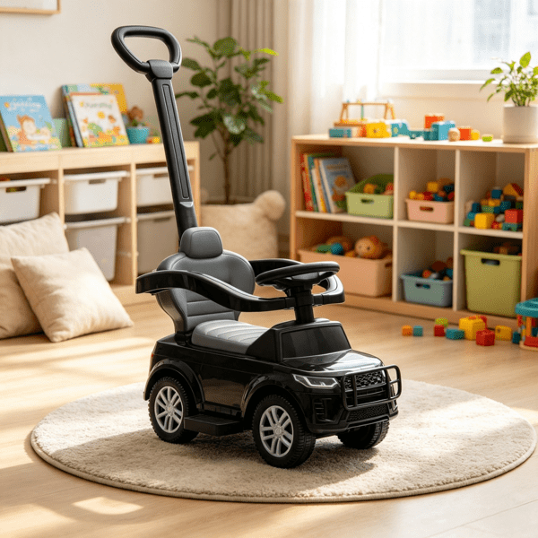 2-in-1 Baby Push Car & Ride-On, Push Handle with Safety Guardrail, Black