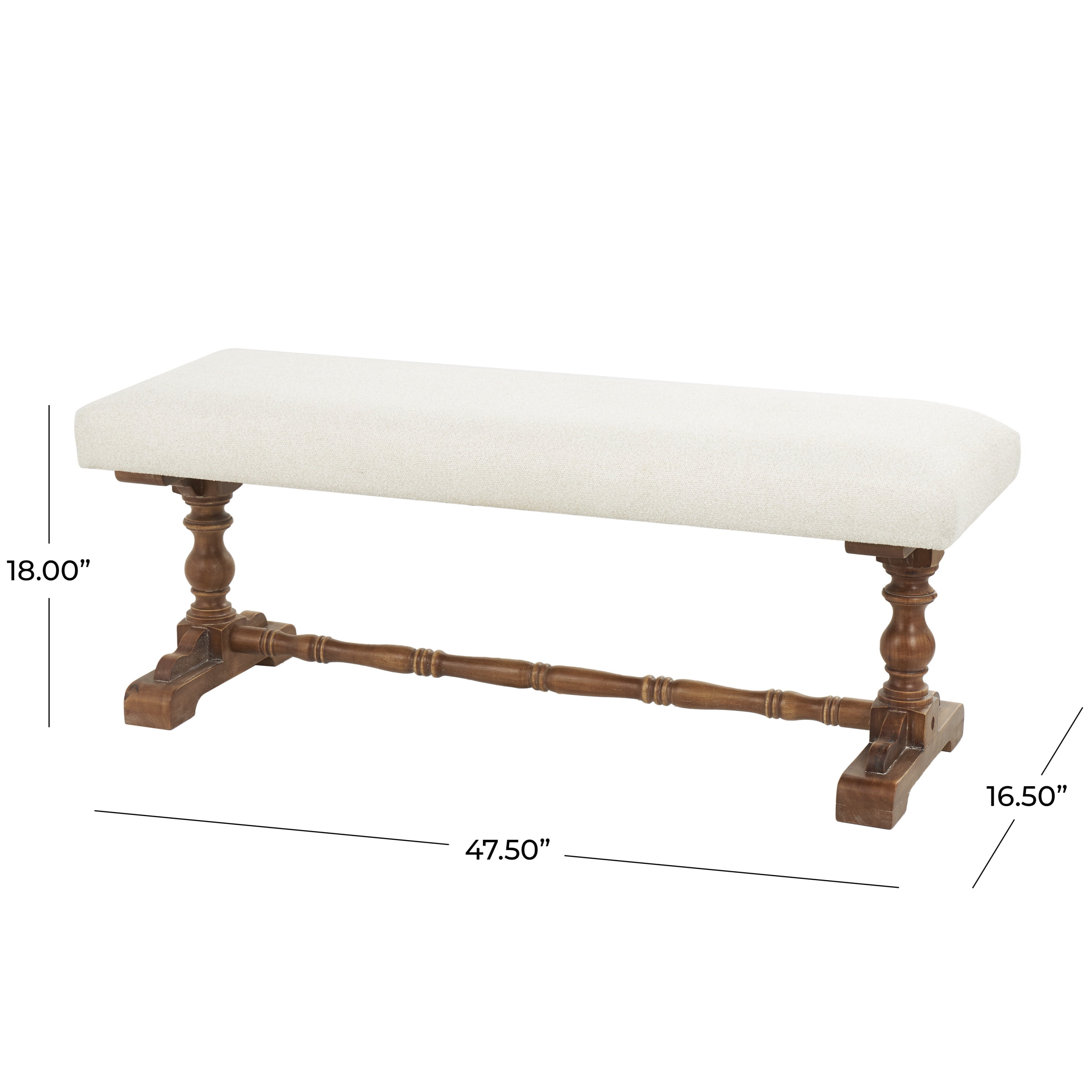 DecMode Fabric Bench with Brown Turned Legs, Cream