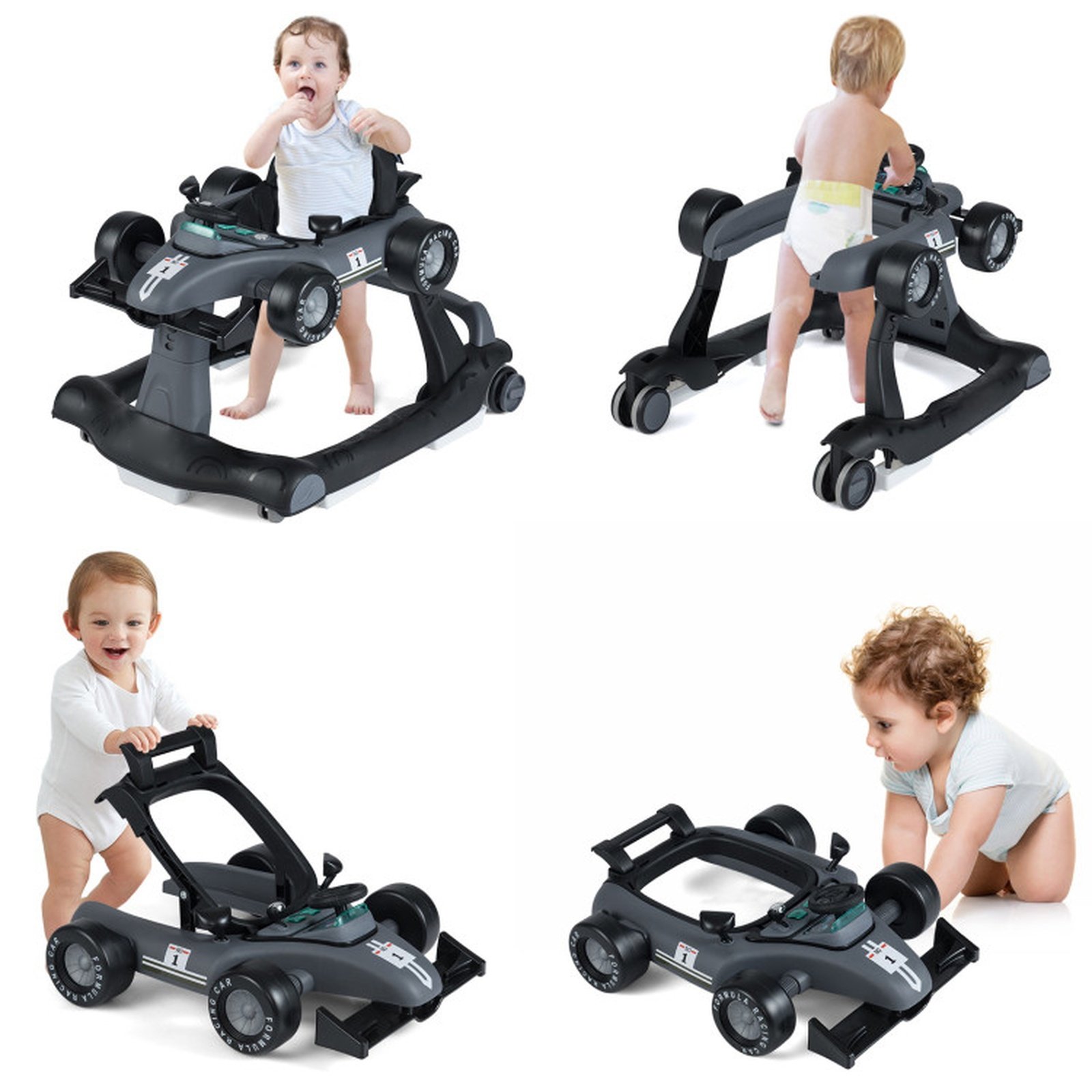 Redsmile 4-in-1 Baby Walker with Wheels, Foldable Activity Push Walker with 3 Adjustable Heights Music Lights and Toy Car Mode for Baby Boys Girls 6-18 Months, Christmas Gift, Gray