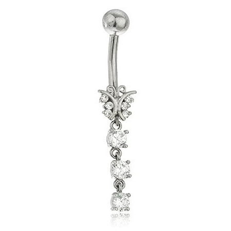 - Real 10k White Gold Butterfly with Dangling Stones Belly Button Ring
