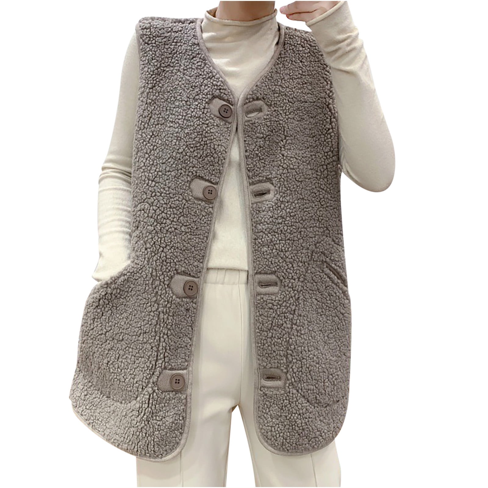 Meichang 2023 Fuzzy Winter Vest for Women with Pockets Casual Jacket Loose Button Down Coats Teddy Fleece Vests Comfy Warm Jackets