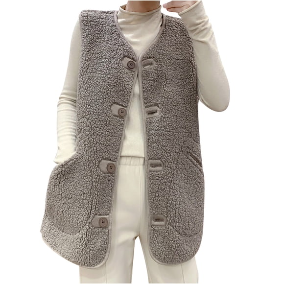 EINCcm Faux Fur Coat Woman Women's Warm Faux Furry Coat Vest Sleeveless Winter Solid V-neck Outerwear Khaki XXL