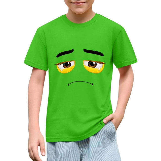 Blusas y camisas de manga corta con cuello redondo para niños y niñas, color liso, con estampado de expresión linda, manga corta, holgadas y cómodas, blusa para niña