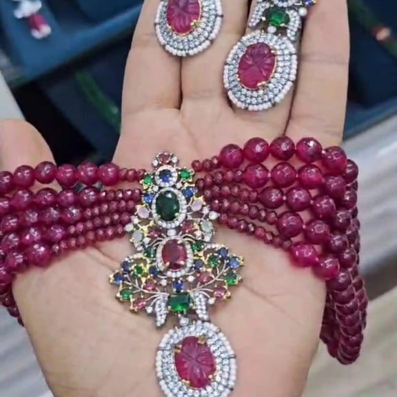 Traditional Red Beaded Choker Necklace Set with Earrings, Kundan & Multicolor Stone Work, Indian Bridal Jewelry