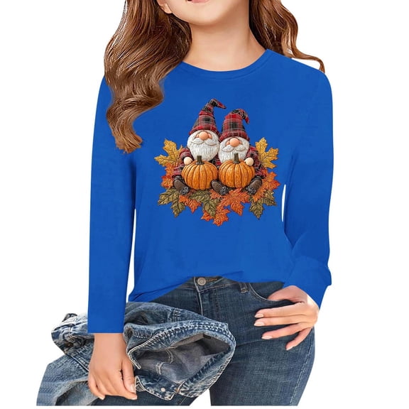 WMTBSRSW Girls Funny Thanksgiving Shirts Loose Casual Long Sleeve Pullover Tops Boasic Round Neck Graphic T Shirts