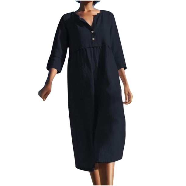 Vestido de Tres Cuartos Con Bolsillo Informal Suelto de Color Sólido Con Cuello Redondo Para Mujer Odeerbi ODB115299