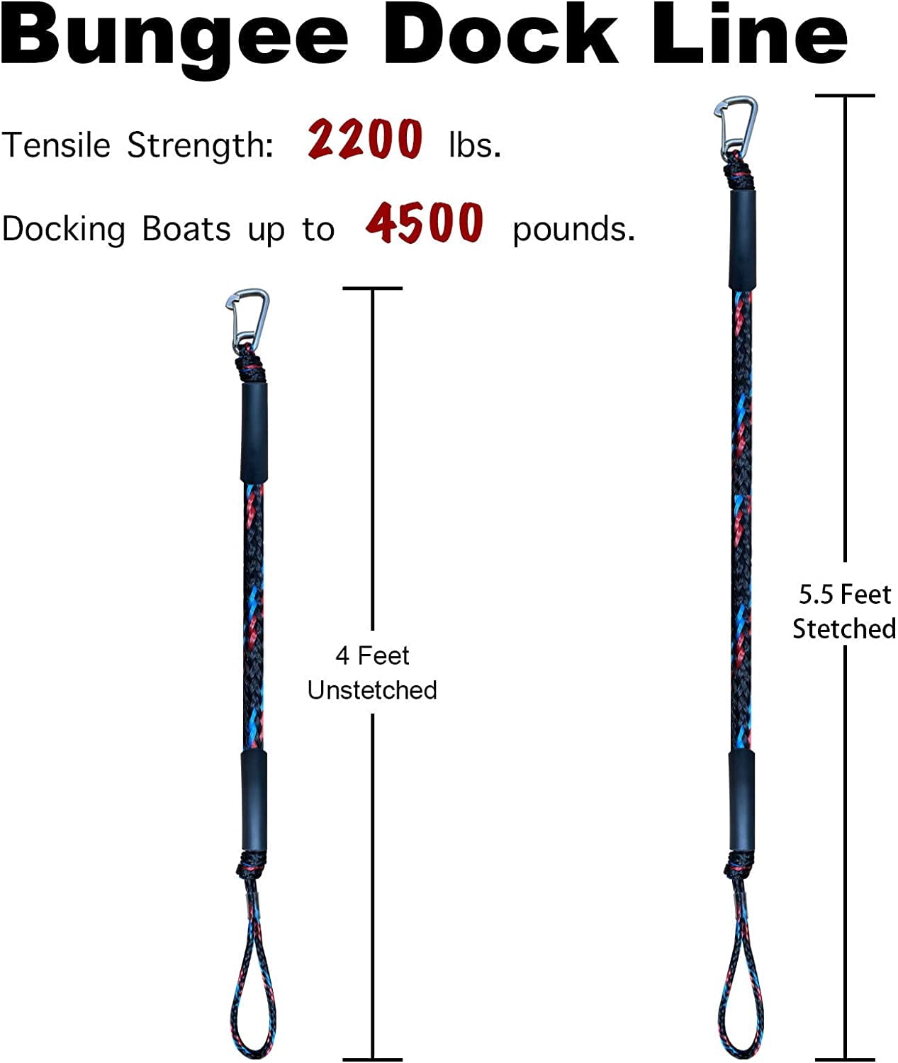 ABCISI 4 Feet Bungee Dock Line, Mooring Rope with Stainless Steel Clip Accessories - 2-Pack, Built-in Snubber, Compatible with Kayak, Canoe, Pontoon, Power Boat