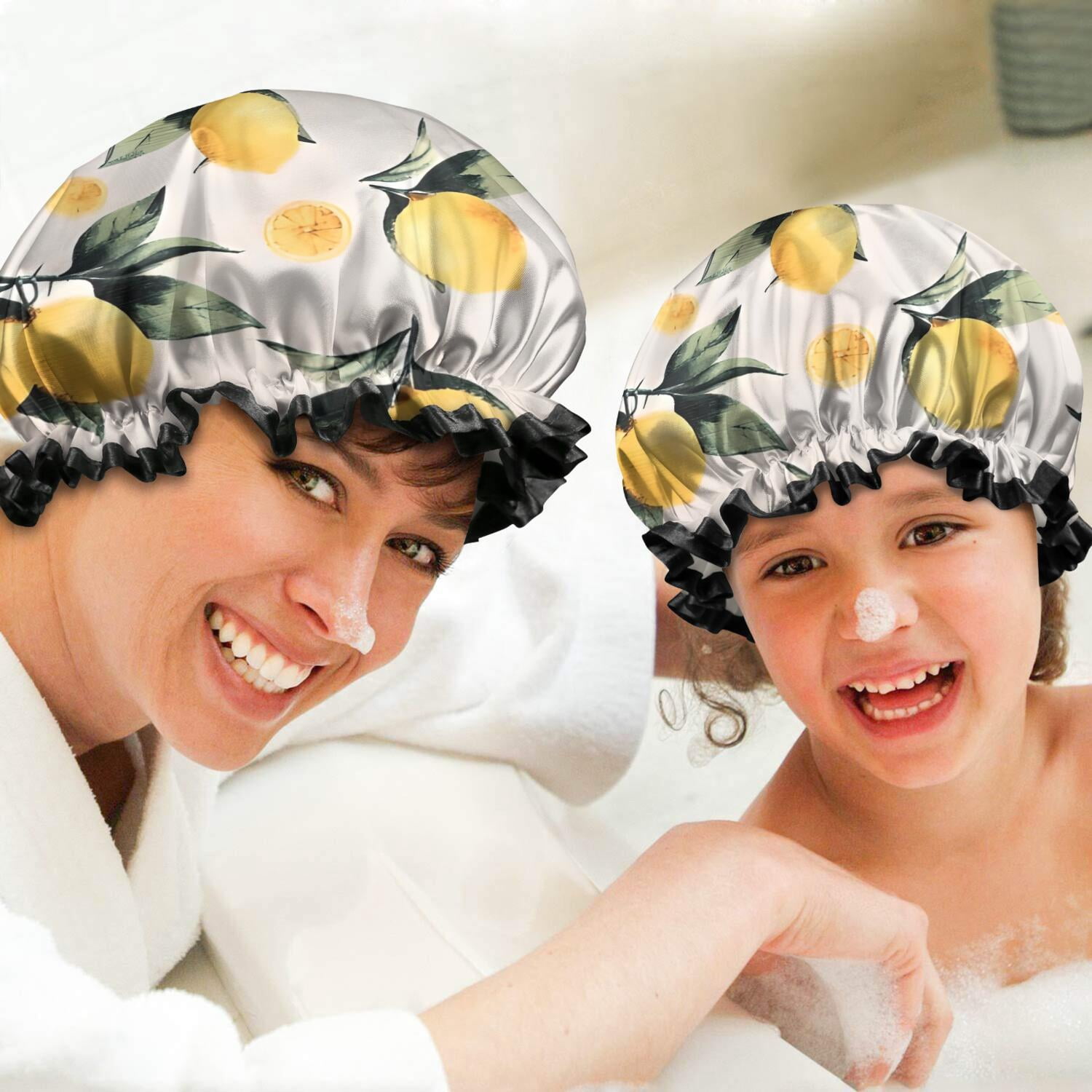 Shower Caps,Yellow Lemon Fruits White Pattern Waterproof Shower Cap for Women 4 Pieces,Double Reusable Hair Cover for Shower PEVA Elastic Stretch Hem
