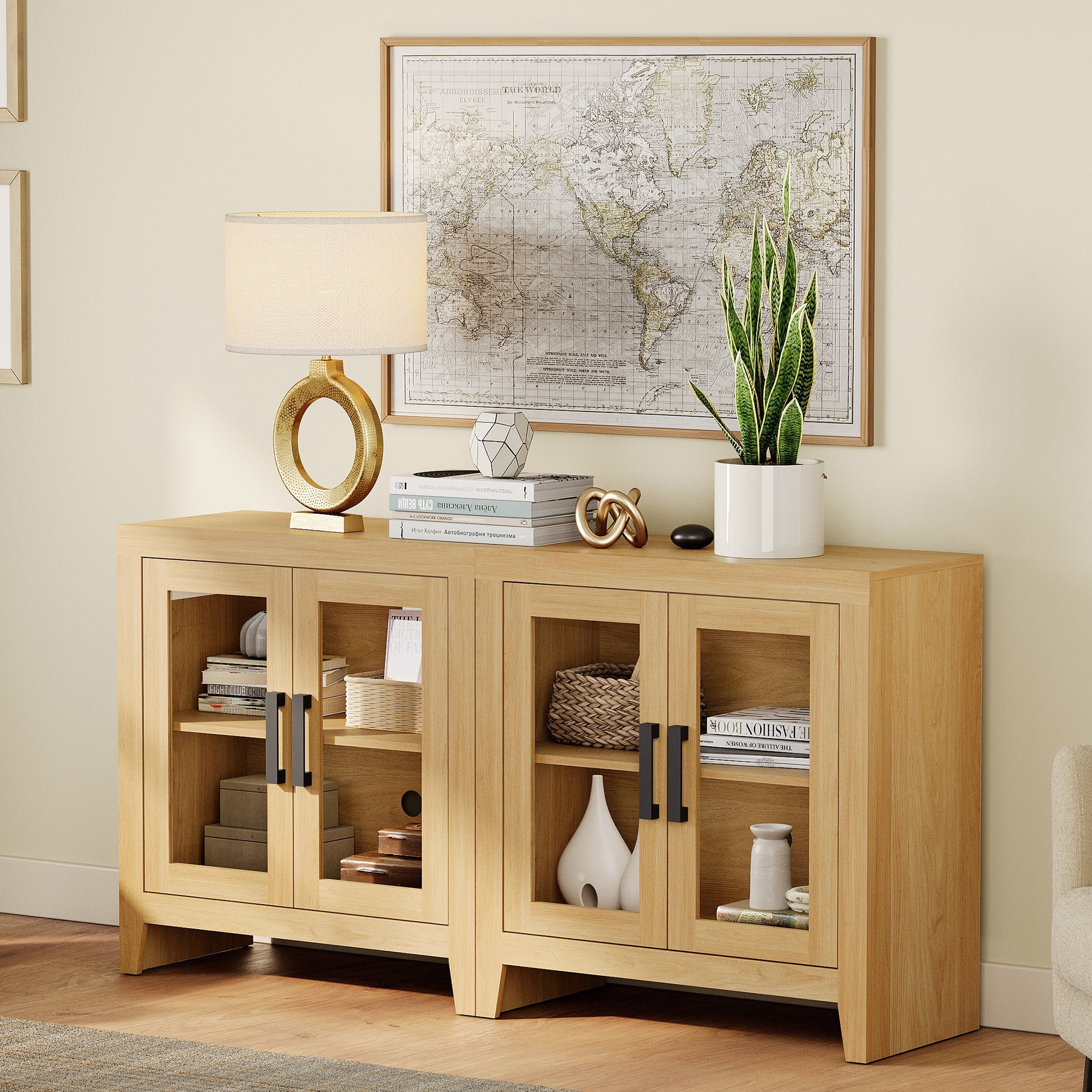 WAMPAT Modern Farmhouse TV Stand up to 70"TV, Entertainment Center with Tempered Glass Doors & Adjustable Shelves, Oak