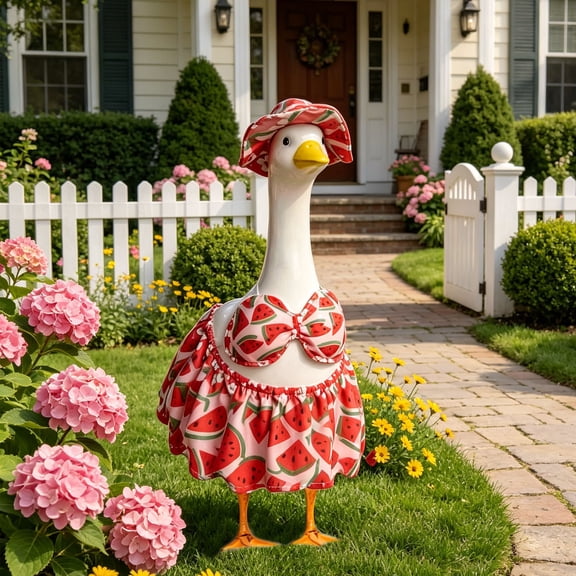 Porch Goose Outfit Set with Printed Sun Hat Bow Top Skirt, 23 Inch Porch Gander Statue Costume, Summer Garden Yard Decor