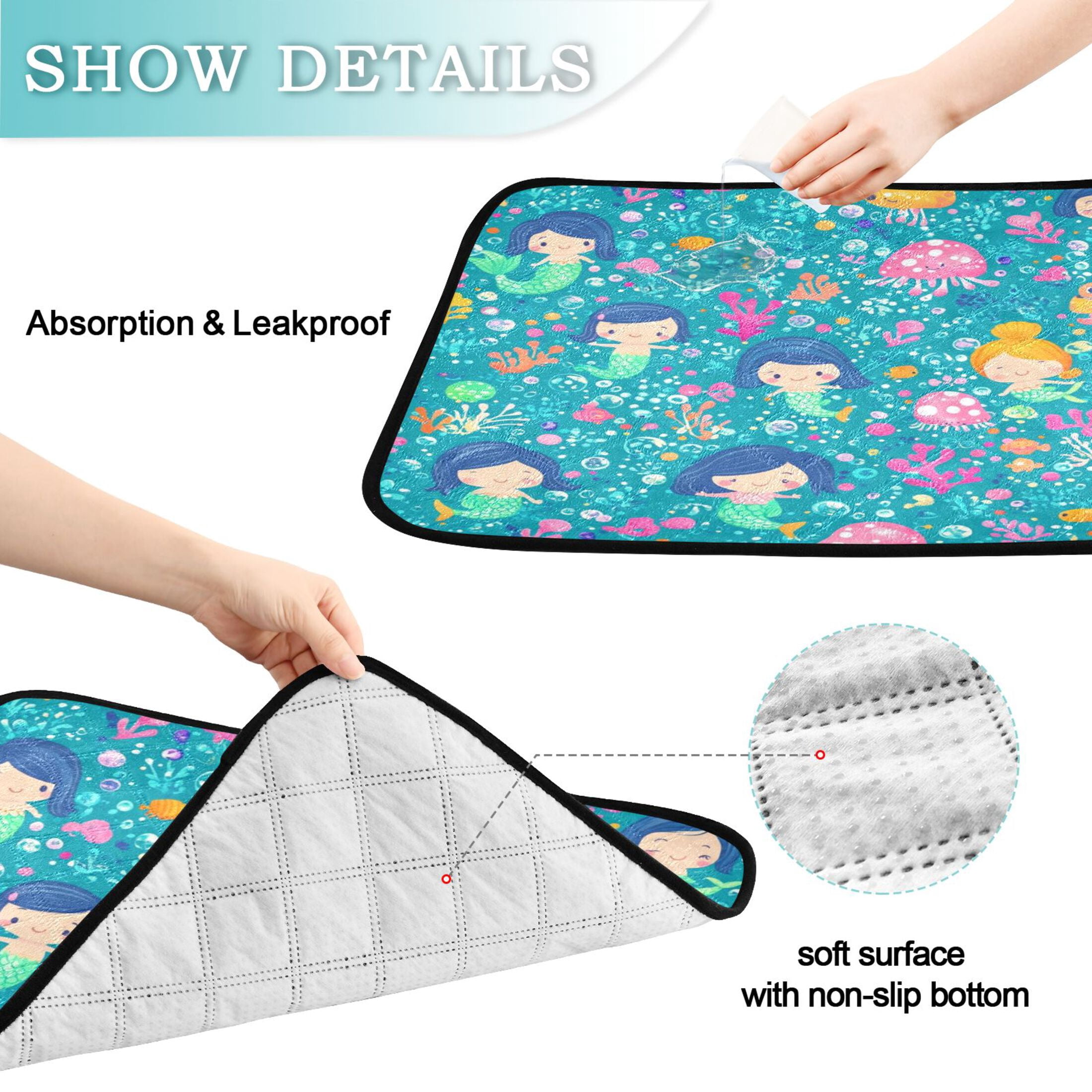 Qxltty Cartoon Mermaids Blue Pattern Cat litter Pads Pet Set of 3 Diaper Mats Center Anti-leakage Layer Absorbent Soft and Comfortable