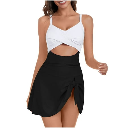 CAIVO Women Swimwear Hollow Skirt Swimsuit V-Neck Wrap Tie Back Swimdress Bathing Suits Comfort Beach Vacation Summer Swim Wear