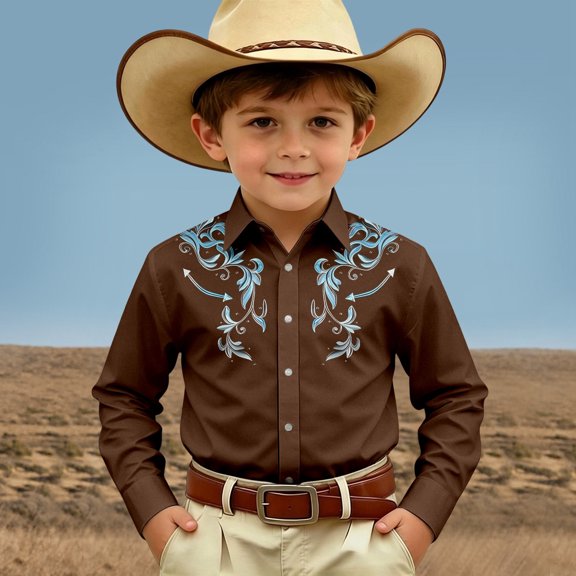 SOFTCCLO Boys Shirts Long Sleeve Lapel Collar Button Down Tops Western Cowboy Print Stylish Casual Kids Shirts Size 12-13Y
