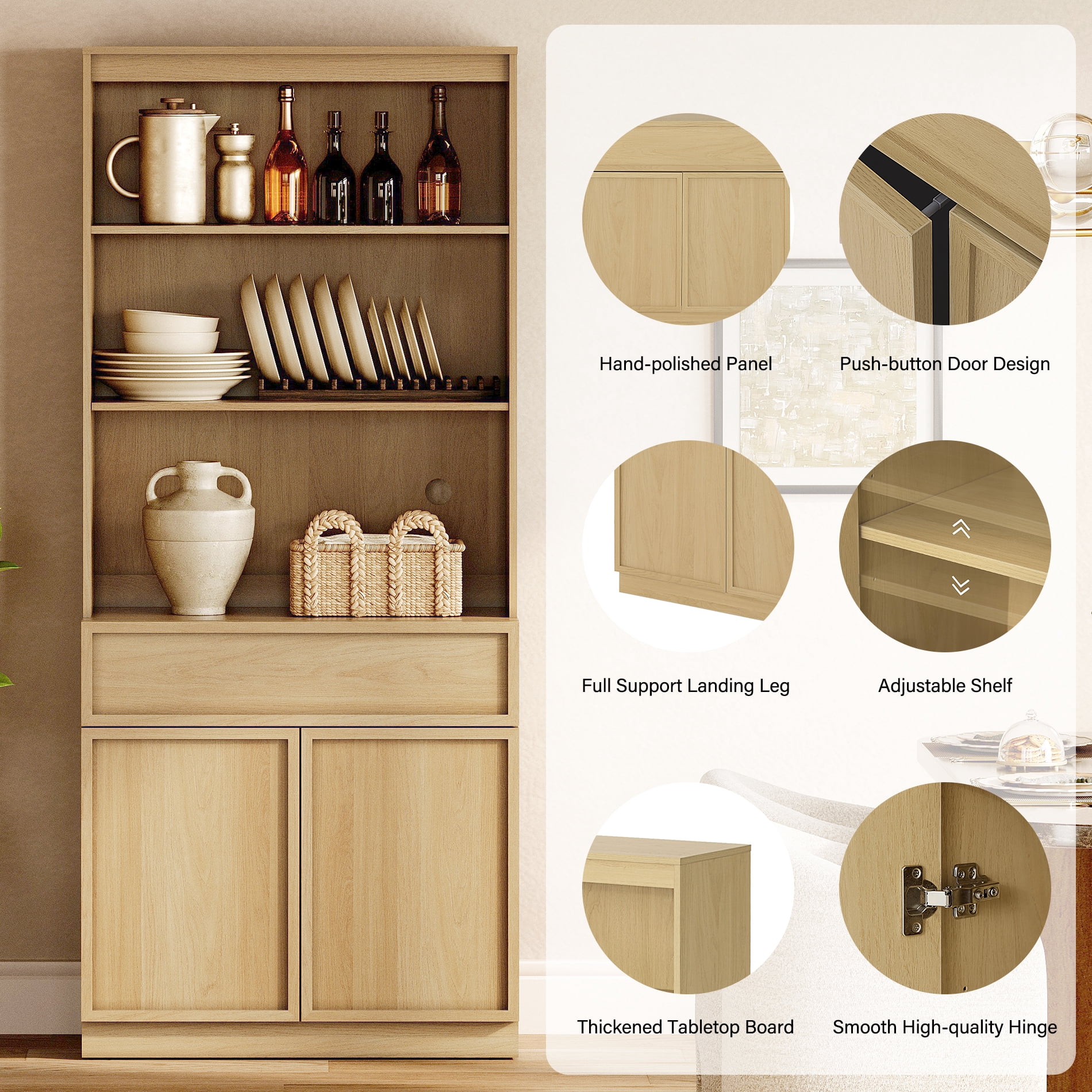Modern 72" Tall Bookcase with Doors, Drawers & Adjustable Shelves, Wood Bookcase with Storage Cabinet and Open Shelving,Oak