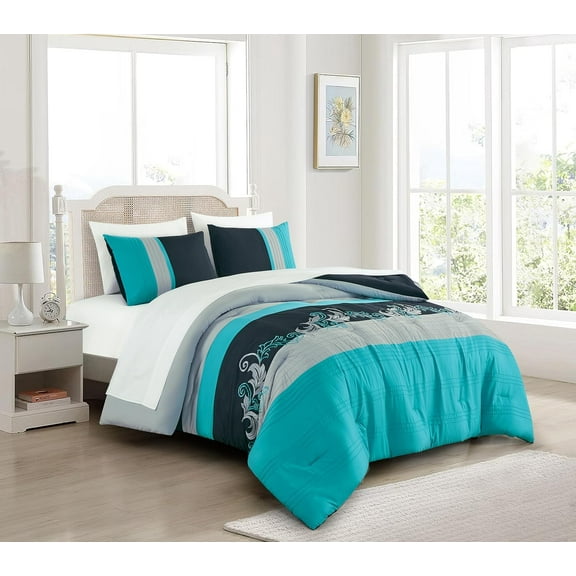 Chezmoi Collection Alana 7-Piece Bed in a Bag Comforter Set with Sheets, Embroidered Floral Luxury Leaves Teal Blue/Black/Gray Lightweight All Season Bedding, Queen Size