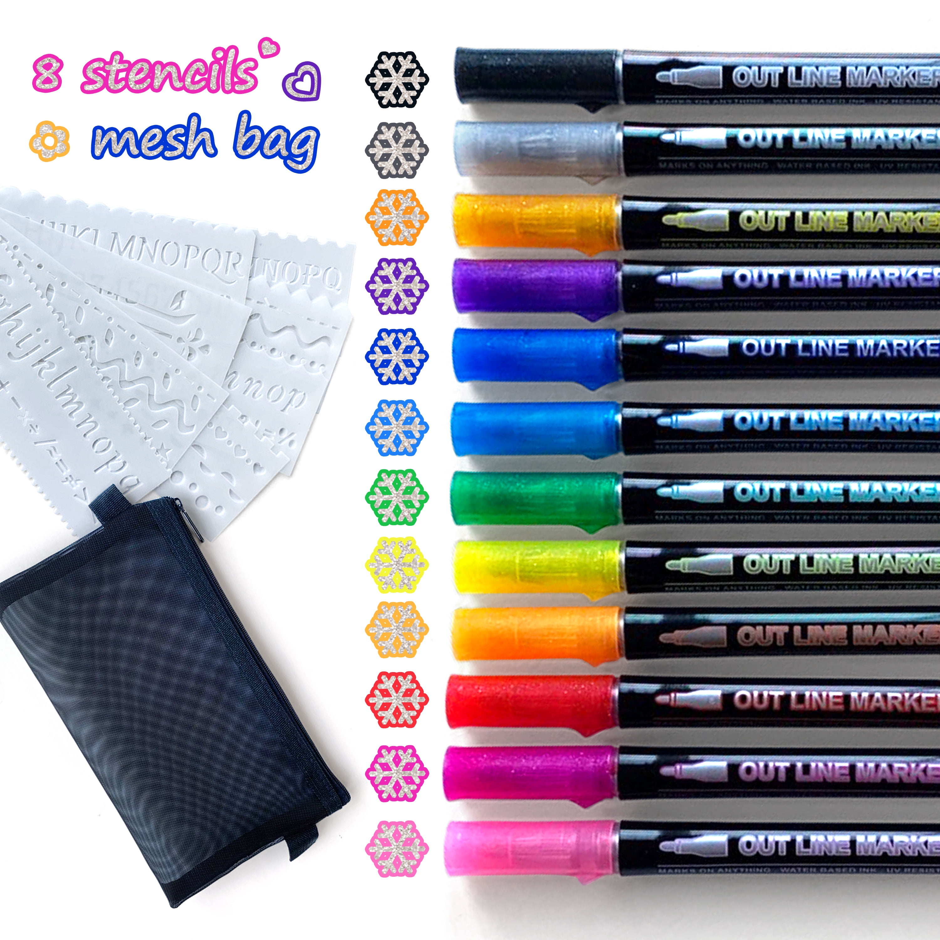 Stem Stuff Squiggle Metallic Outline Markers - 12 Colors of Double Outline Shimmer Markers with 8 Stencils and A Handy Mesh Net Bag for