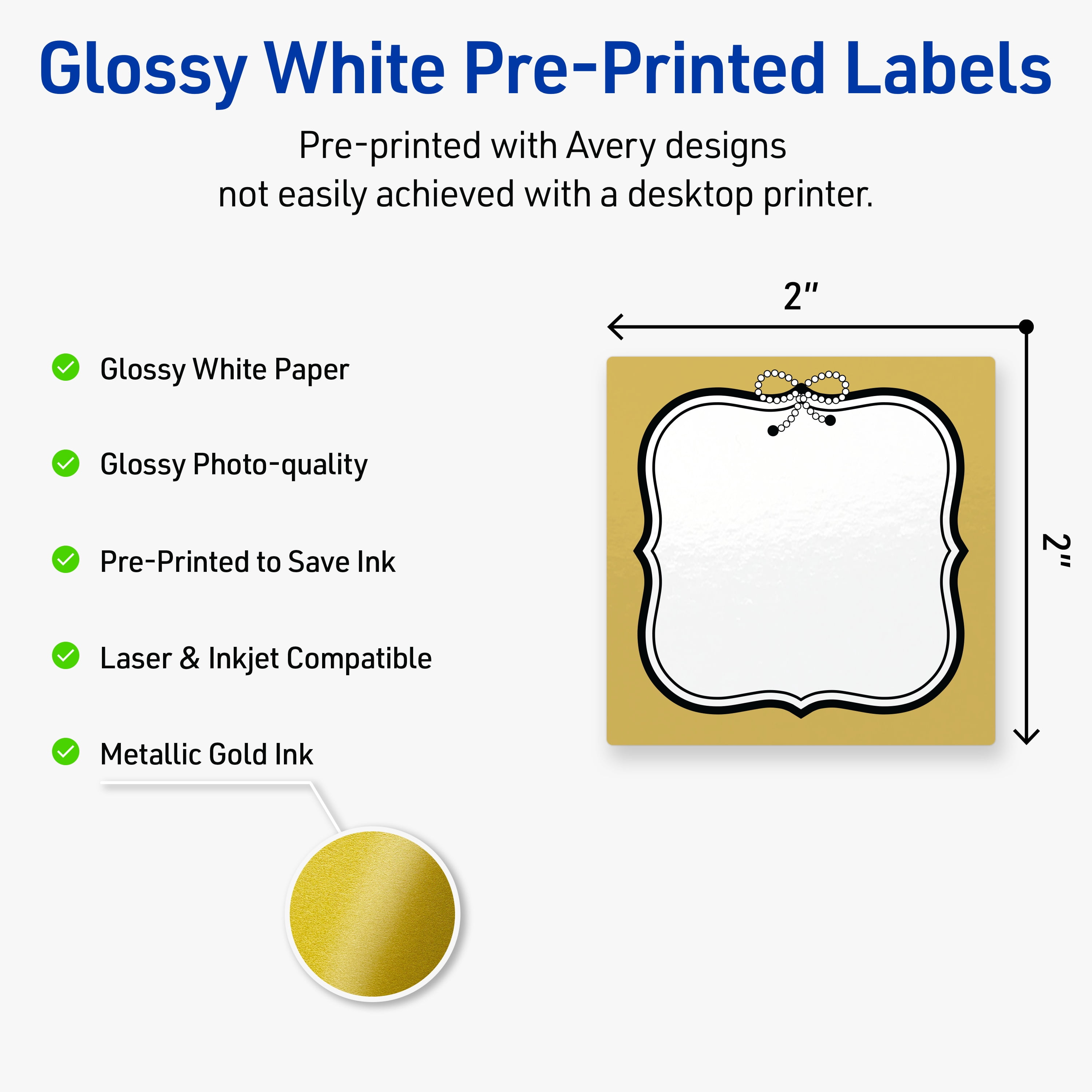 Avery Square Labels, 2" x 2", Gold with Black Bow Design, Glossy