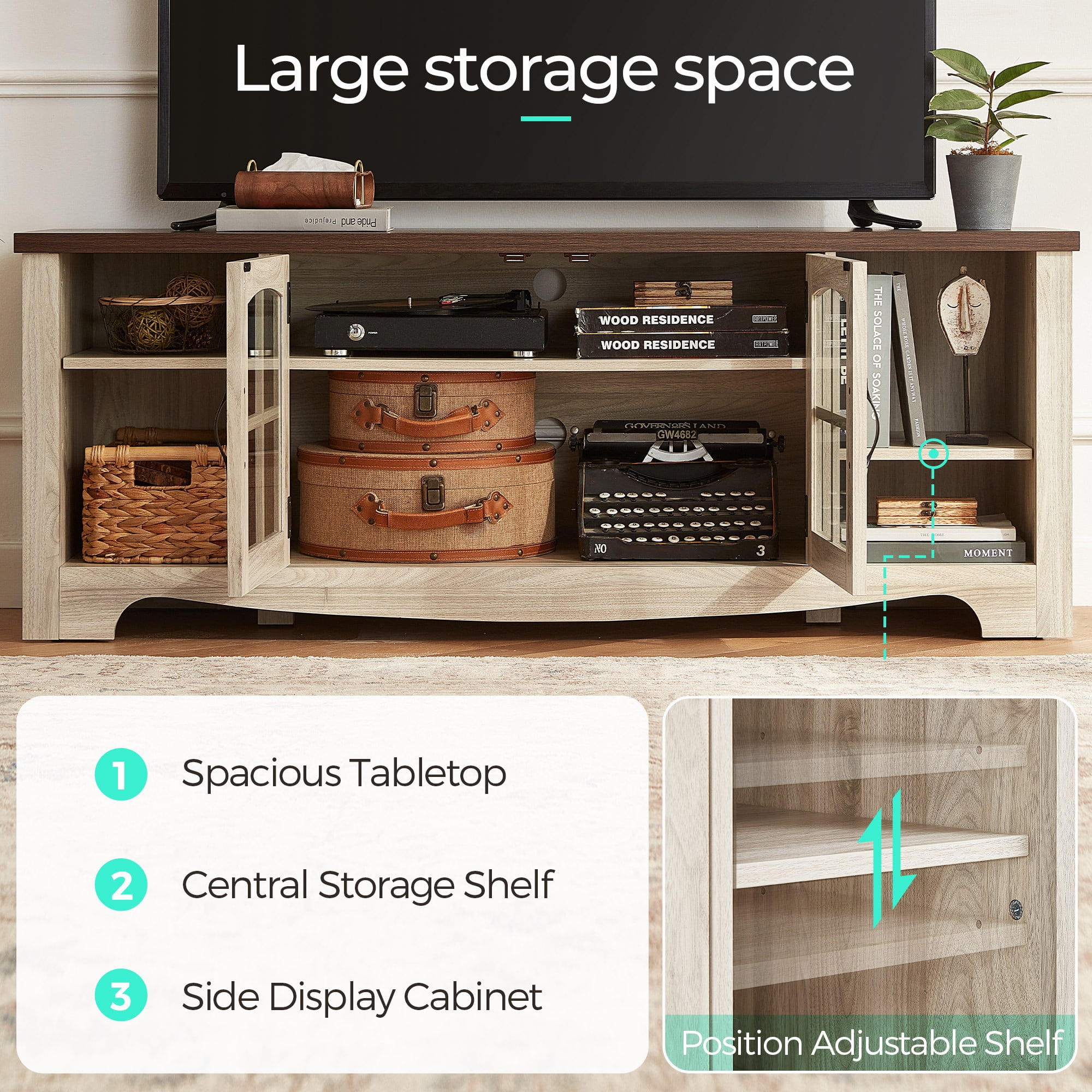LINSY HOME Modern Farmhouse TV Stand for TVs up to 65",Home Entertainment Center with Storage Cabinet and Adjustable Shelves,Washed Grey & Brown