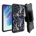 thumbnail image 1 of ANJ+ Rugged Dual Layer Hybrid Holster Kickstand Case w/ Card Slot + Tempered Glass Cover for Samsung Galaxy S21 FE 5G - Blue Tribal Paisley, 1 of 3