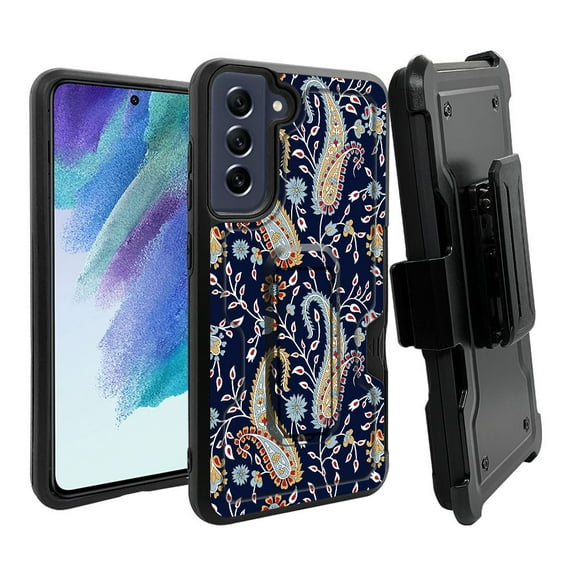ANJ+ Rugged Dual Layer Hybrid Holster Kickstand Case w/ Card Slot + Tempered Glass Cover for Samsung Galaxy S21 FE 5G - Blue Tribal Paisley