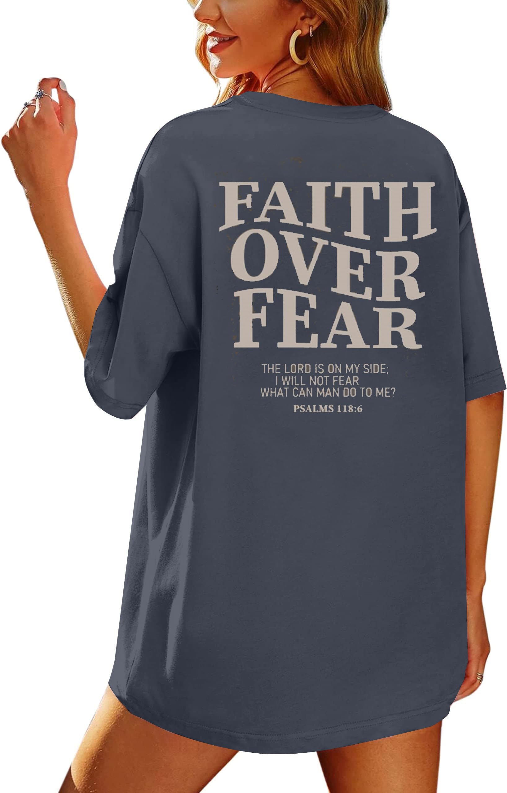 MOUSYA Women's Faith Over Fear Oversized T-Shirt, Blue photo 6