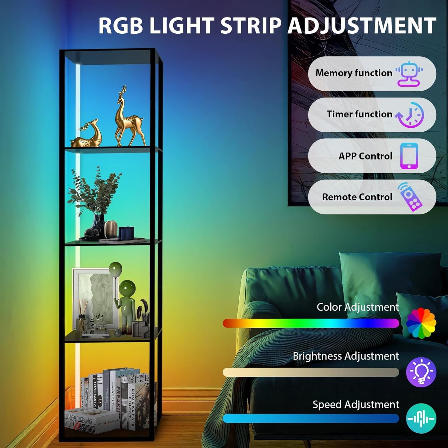 5 Tiers RGB Corner Shelf with LED Light, 63.78" Tall Display Shelf for Collectibles, LED Corner Floor Lamp with APP and Remote Control for Living Room Bedroom