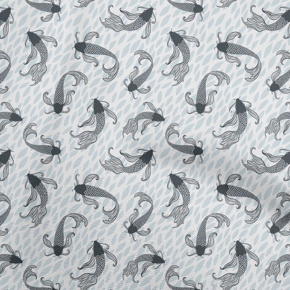 oneOoneCottonPoplinTwillSkyBlueFabricAsianJapaneseKoiFishSewingMaterialPrintFabricByTheYard56InchWide