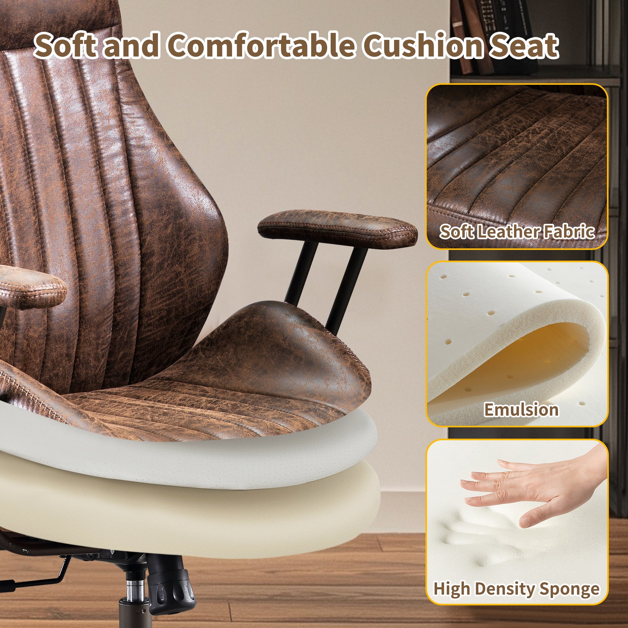 Toject Ergonomic Office Chair, High Back Comfy Home Office Chair with Lumbar Support, Mid-Century Modern Computer Executive Desk Chair with Padded Armrests (Suede Leather, Dark Brown)