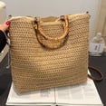 thumbnail image 2 of Straw Tote Bag Bamboo Handle Drawstring Woven Lightweight Breathable for Beach Vacation Travel Daily Use (Khaki), 2 of 10