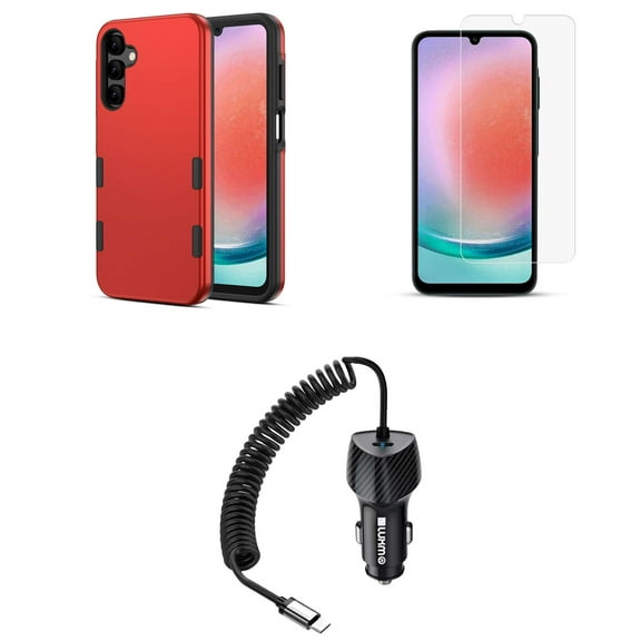 Echelon Bravo Series Phone Case for Samsung Galaxy A15 5G with Slim Shockproof Protective Armor Rugged Anti-Drop Cover, Tempered Glass Screen Protector, 40W USB C Car Charger (Red)