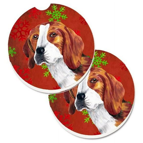 Beagle Red & Green Snowflakes Holiday Christmas Set of 2 Cup Holder Car Coaster