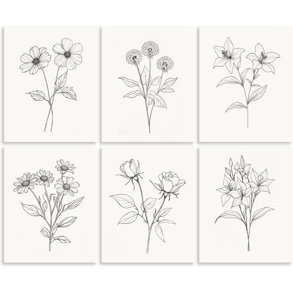6 Pack Unframed Waterproof White and Black Line Flowers Canvas Wall Art Prints 8" x 10" Simple Sketch Floral Wall Decor Canvas Artwork Posters