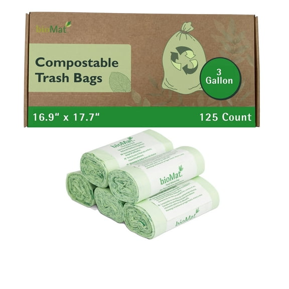 bioMat 3 Gallon Compostable Small Kitchen Compost Bags, BPI ASTM D6400 Certified, 125 Bags
