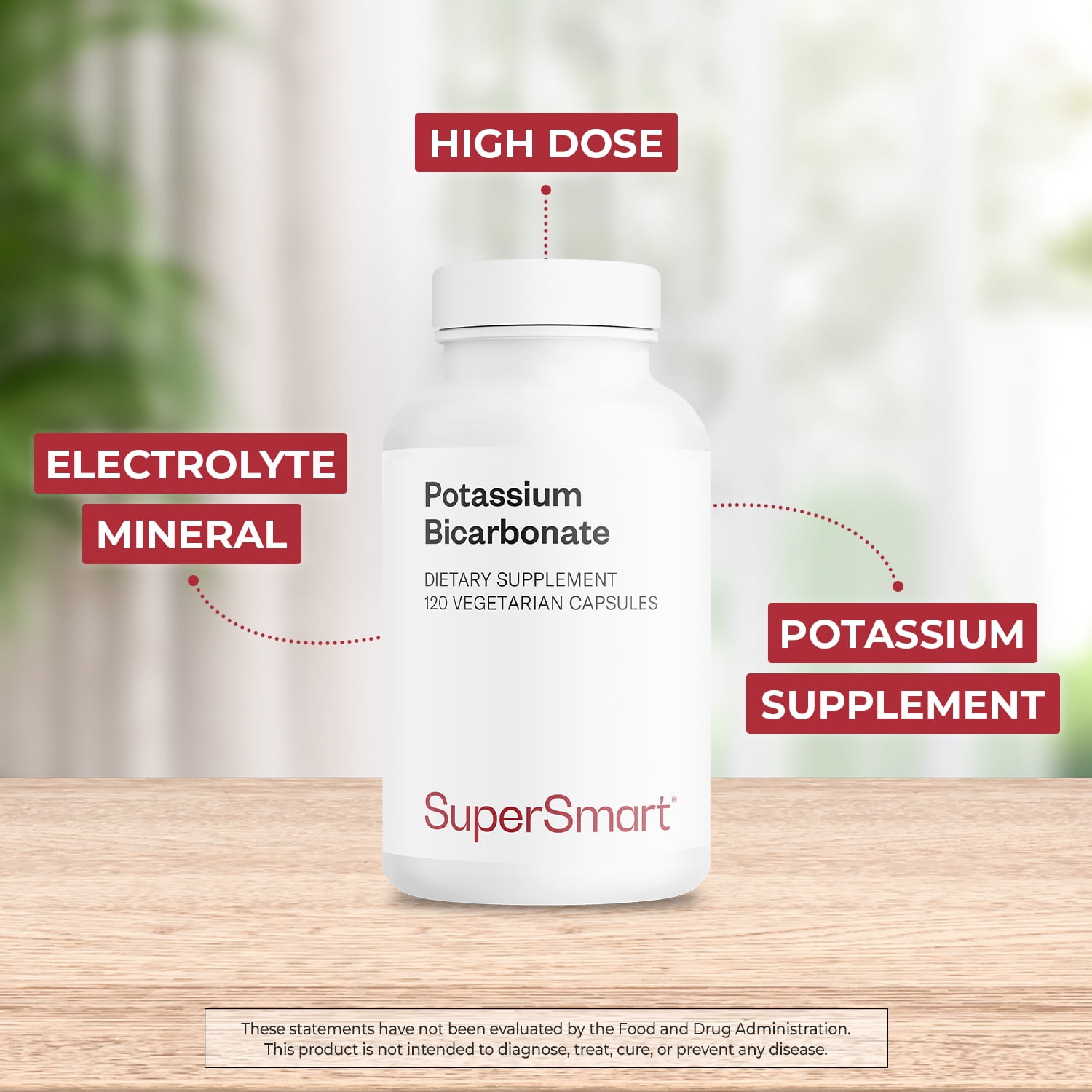 SuperSmart Potassium Bicarbonate (High Dose) - Electrolyte Mineral - pH Acid-Base Balance - Potassium Supplement | Non-GMO & Gluten Free - 120 Vegetarian Capsules
