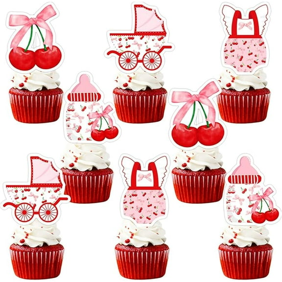 Cherry Gender Reveal Cupcake Topper Cherry on Top Baby Shower Cupcake Topper Fruit Girl Gender Reveal Party Cake Decorations for Baby Girl Baby Shower Gender Reveal Party Supplies
