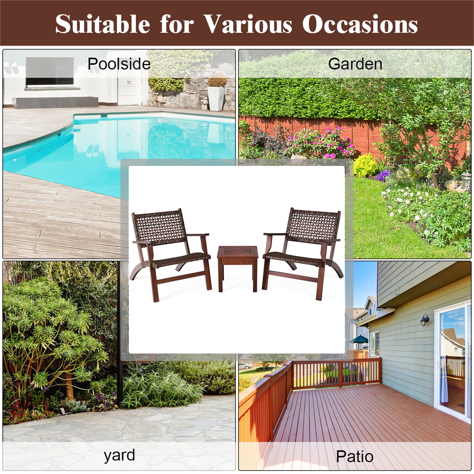 Costway 3PCS  Patio Rattan Furniture Set  Solid Eucalyptus Wood Frame Bistro Set with Coffee Table Patio Conversation Set (Brown)
