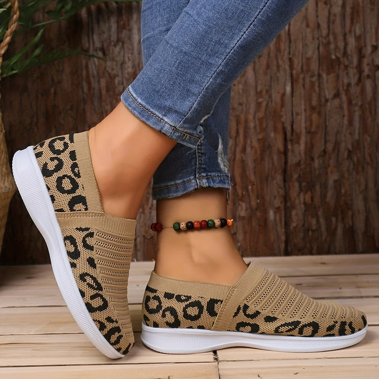 Leopard Print Slip On Sneakers Women s Leopard Print Knit Sneakers Slip On Breathable Flat Stretch Casual Shoes Lightweight Low top Comfy Shoes
