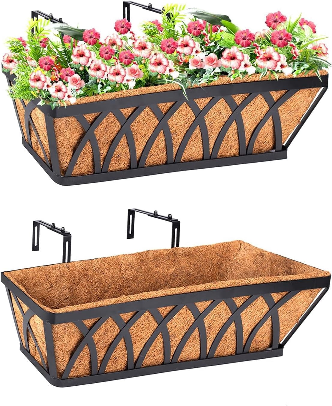 4 Pack 24 Inch Deck Balcony Railing Planter Window Boxes with Coconut Coir Liner, Fence Metal Hanging Flower Planter Basket for Outdoor Lawn