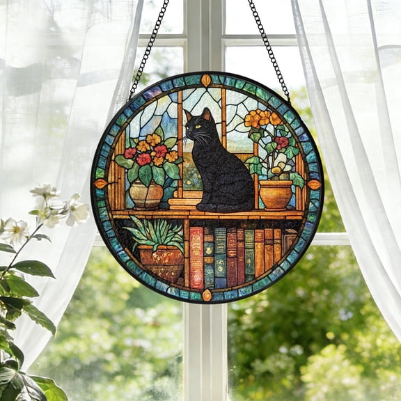 KuphiL10C Black Cat Suncatchers for Windows, Floral Stained Glass Window Hanging, Books Sun Catchers with Metal Chain and Hook, Wall Art Home Decor, Gifts for Mom Grandma