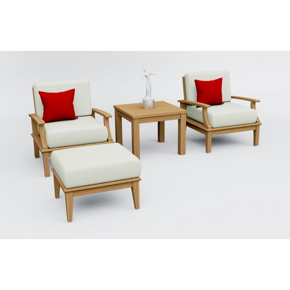 Somer Teak Wood 4 Pc Lounge Chair Set: 2 Lounge Chairs, Ottoman & Square Side Table With Cushions in Outdoor Sunbrella Fabric #5404 Canvas Natural