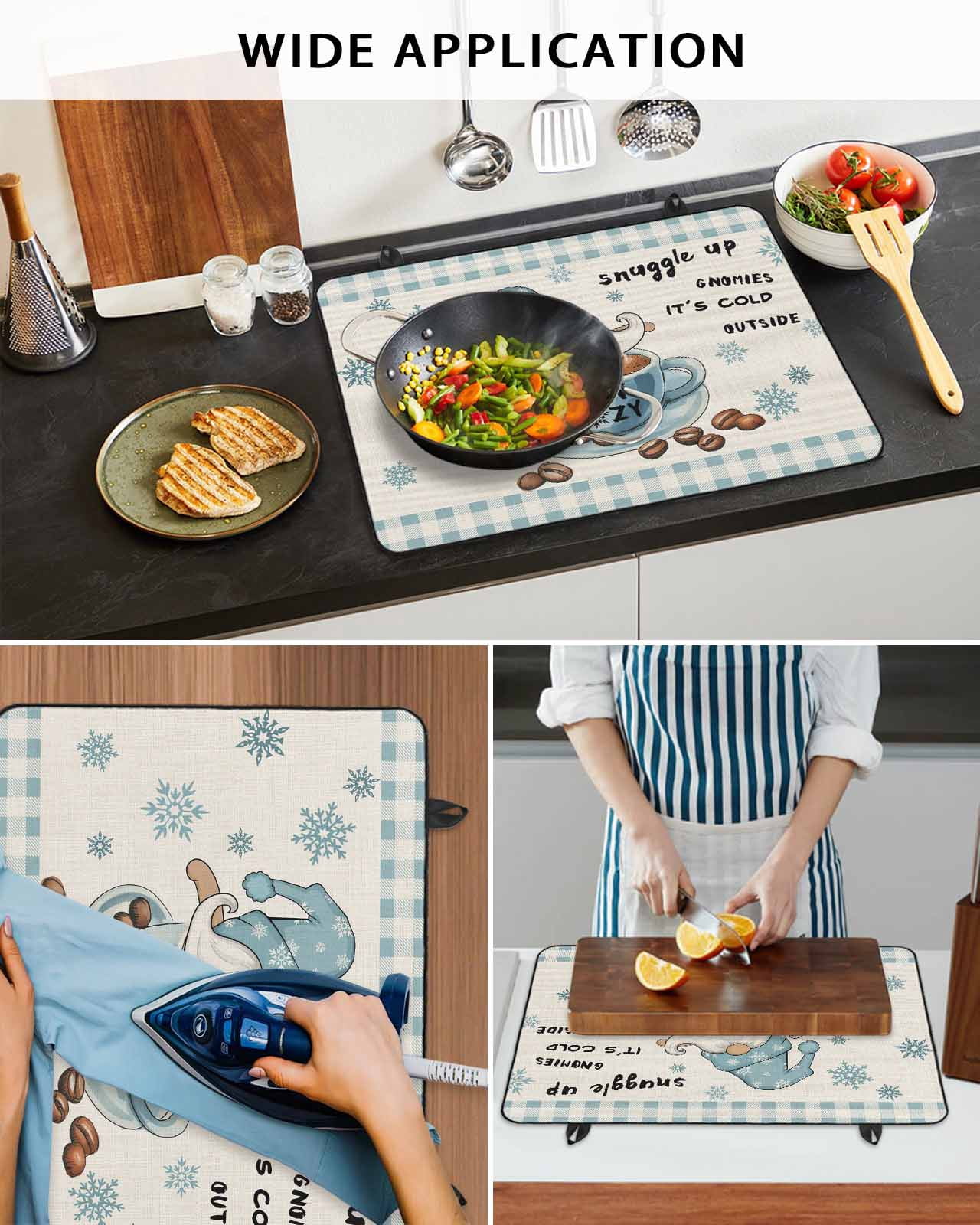 Large Induction Cooktop Protector Mat Blue Gnomes Stove Top Covers for Electric Stove, Coffee Snowflake Winter Checkered Rustic Decorative Stove Burner Cover Mats, Glass Top Stove Cover