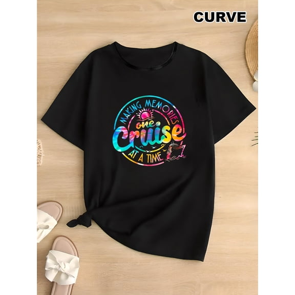 Retro Making Memories One Cruise At A Time Graphic Tee Plus Size Curve Women's Summer Vacation Short Sleeve T-Shirt