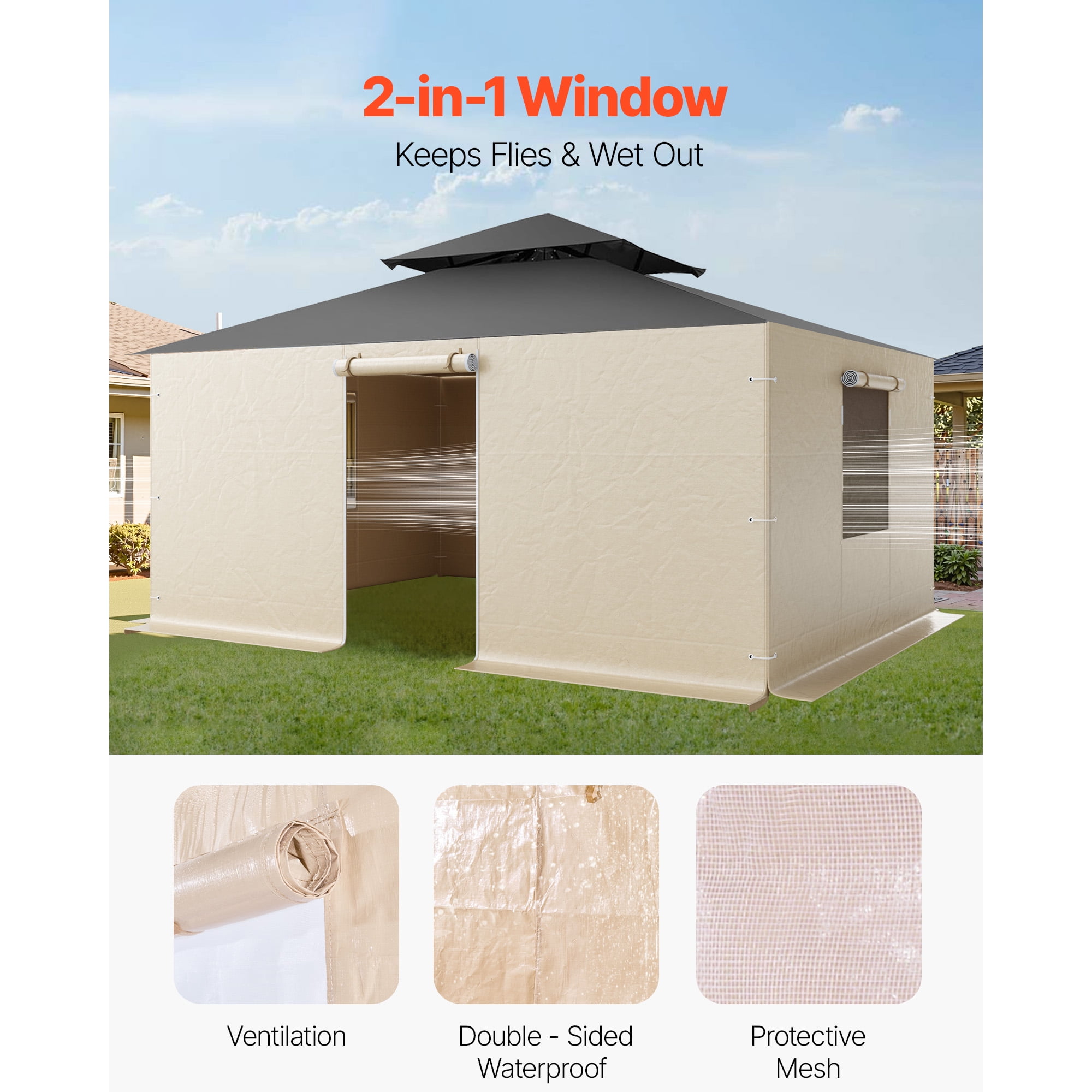 KFFKFF Gazebo Sidewall Compatible with 12 x 16 ft Structures, 4-Panel Winter Cover for Hardtop Gazebos, Durable PE Material, All-Weather Outdoor Protection with Mesh Windows,Gazebo Frame Not Included