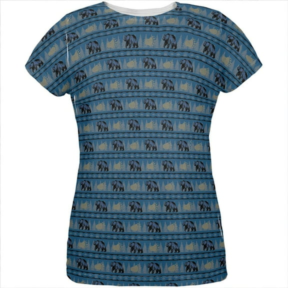 Grizzly Bear Adirondack Pattern Blue All Over Womens T Shirt Multi X-LG