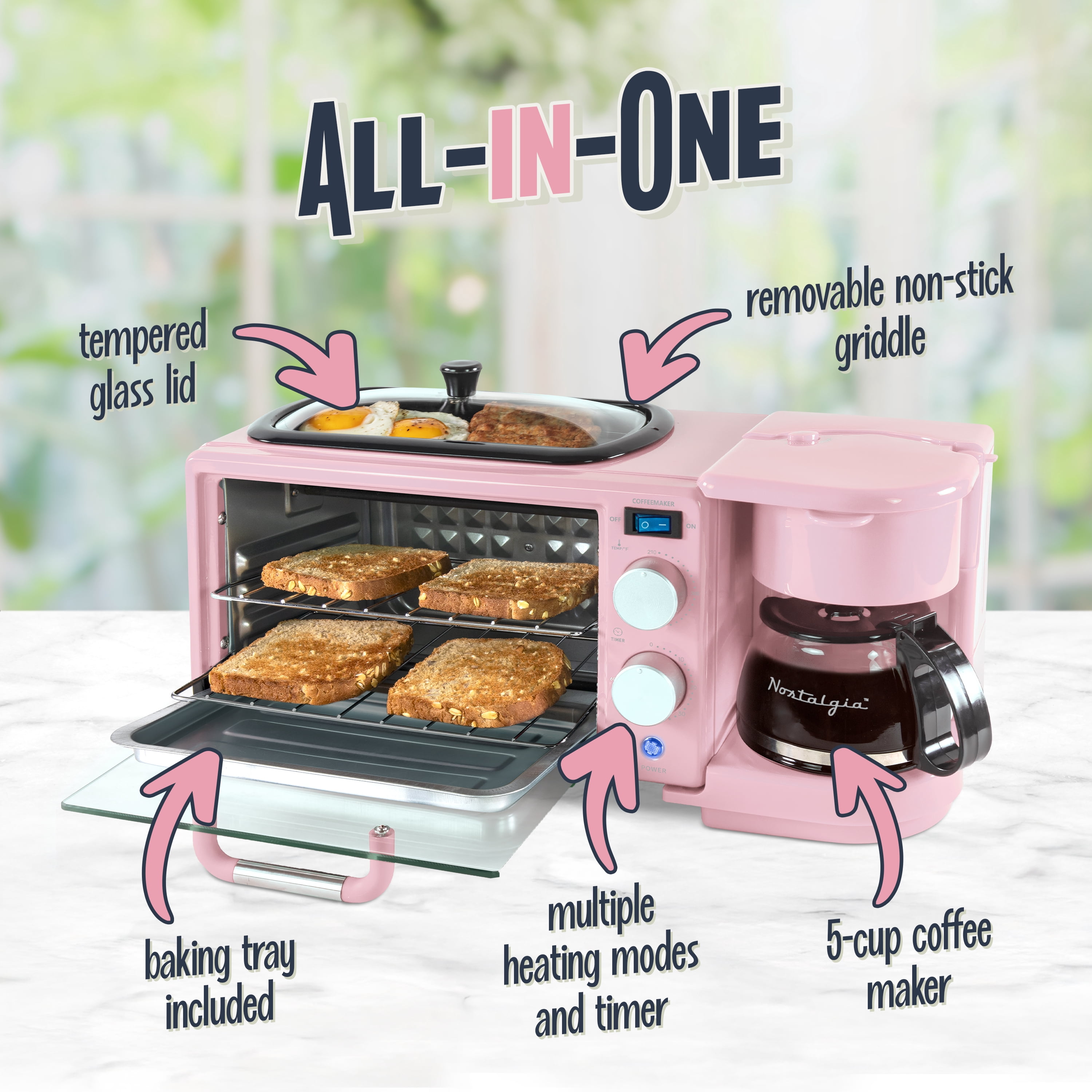 Nostalgia 3-in-1 Retro Breakfast Station - Includes 5 Cup Coffee Maker, Non-Stick Ceramic Griddle, and 4-Slice Toaster Oven - Built-In Timer, Reusable Coffee Filter, Space-Saving Design - Pink