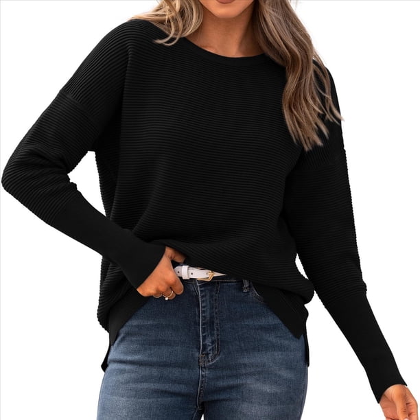 Suéter de Otoño 2025 para Mujer, Jersey de Punto Acanalado de Larga, Holgado, Cuello Redondo, Murciélago, Suéter Dividido. Negro M