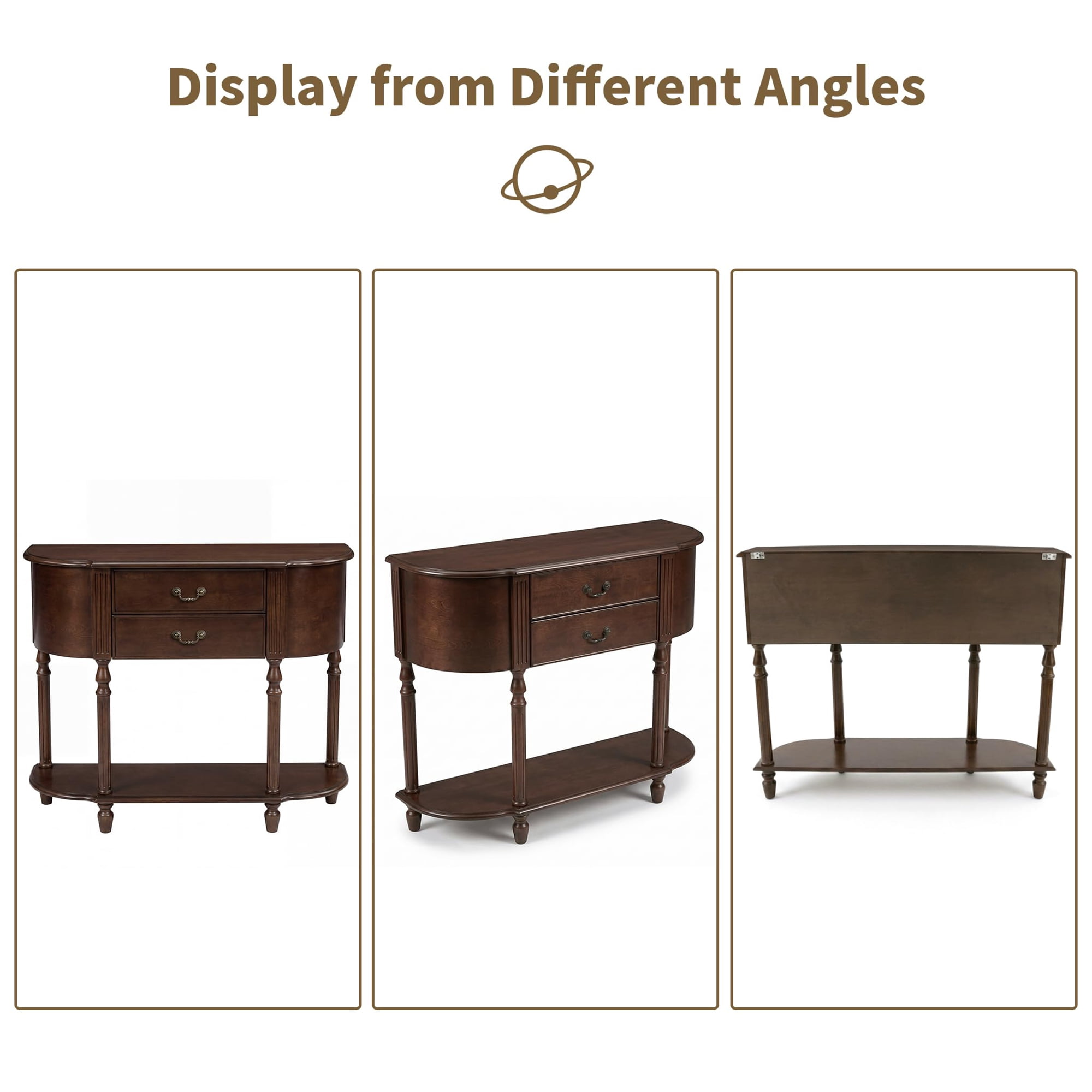 LKTART 43" Curved Console Table with 2 Drawers and Open Shelf, Solid Wood Legs Half Moon Sofa Table for Entryway & Hallway, Walnut Finish