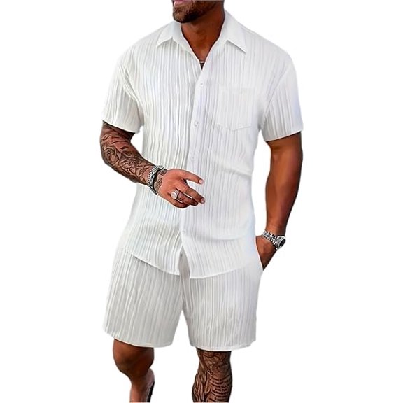 Men 2 Piece Matching Summer Outfit Stripe Texture Short Sleeve Button Up Shirt and Shorts Casual Vacation Set