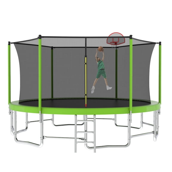 Leumius 16FT Trampoline with Basketball Hoop,Heavy-Duty Outdoor Trampoline with Enclosure Net,Upgraded Kids Recreational Trampoline for Kids and Adults,Green